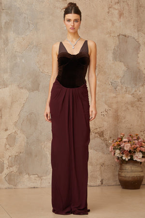 Aurohaya Ariane burgundy velvet-panel shirred maxi dress