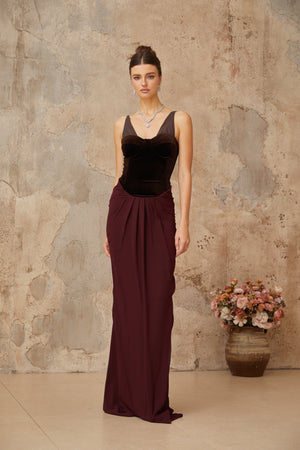 Aurohaya Ariane burgundy velvet-panel shirred maxi dress