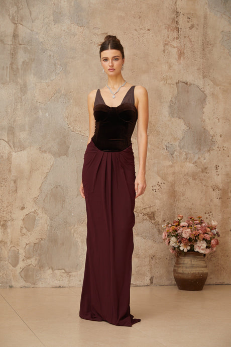 Aurohaya Ariane burgundy velvet-panel shirred maxi dress