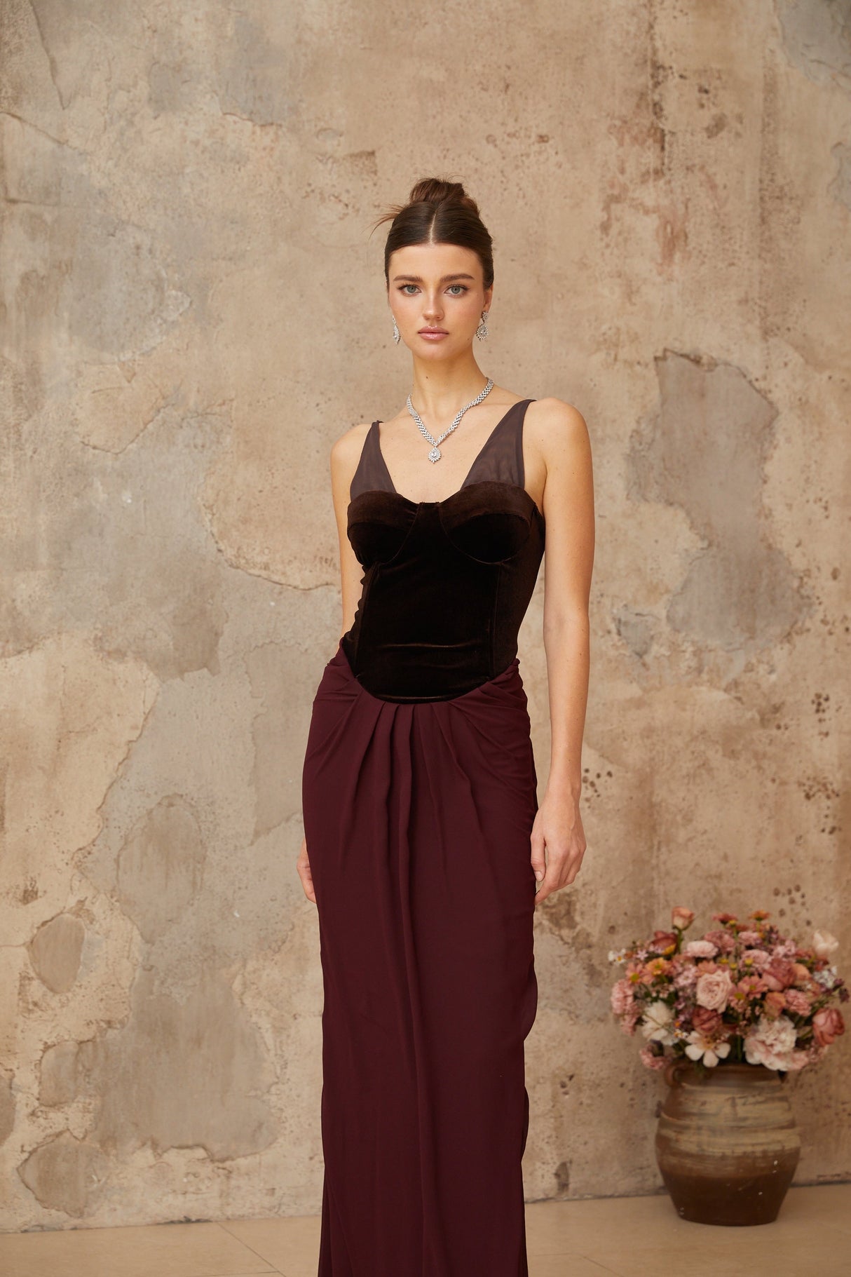 Aurohaya Ariane burgundy velvet-panel shirred maxi dress