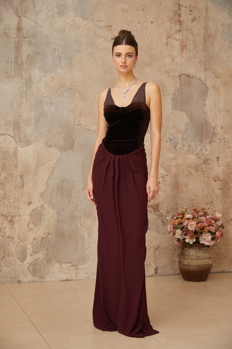 Aurohaya Ariane burgundy velvet-panel shirred maxi dress
