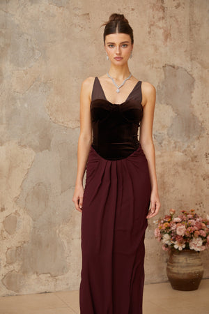 Aurohaya Ariane burgundy velvet-panel shirred maxi dress