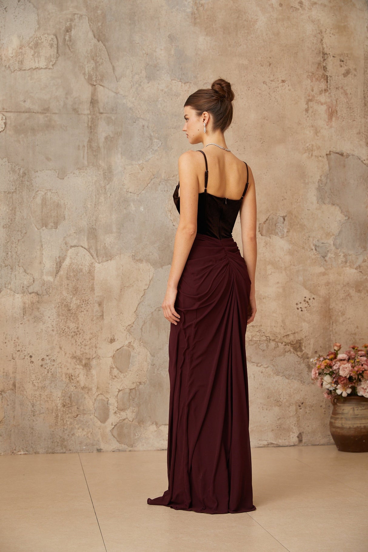 Aurohaya Ariane burgundy velvet-panel shirred maxi dress