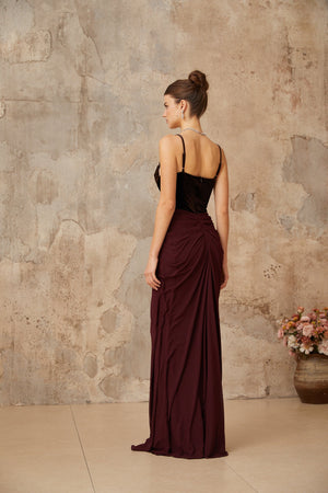 Aurohaya Ariane burgundy velvet-panel shirred maxi dress