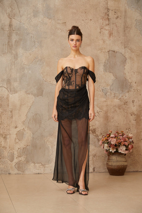 Aurohaya Orphée black tulle-panel floral-lace corset maxi dress