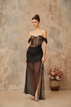 Aurohaya Orphée black tulle-panel floral-lace corset maxi dress