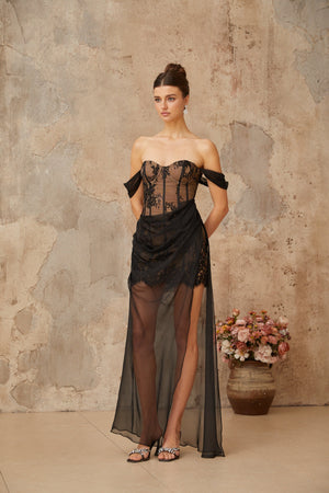 Aurohaya Orphée black tulle-panel floral-lace corset maxi dress