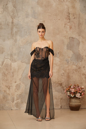 Aurohaya Orphée black tulle-panel floral-lace corset maxi dress
