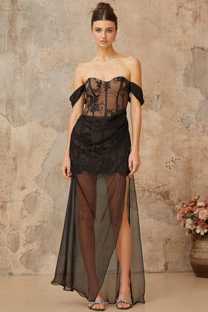 Aurohaya Orphée black tulle-panel floral-lace corset maxi dress