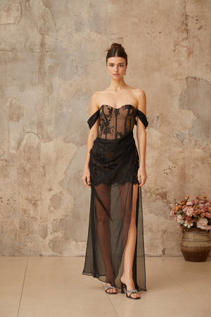 Aurohaya Orphée black tulle-panel floral-lace corset maxi dress