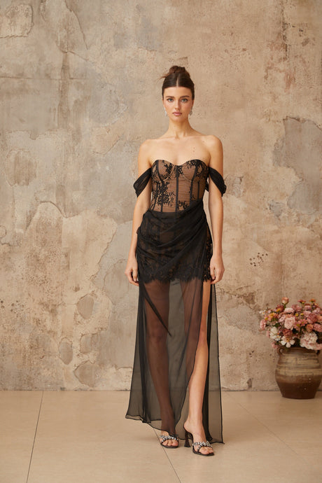 Aurohaya Orphée black tulle-panel floral-lace corset maxi dress