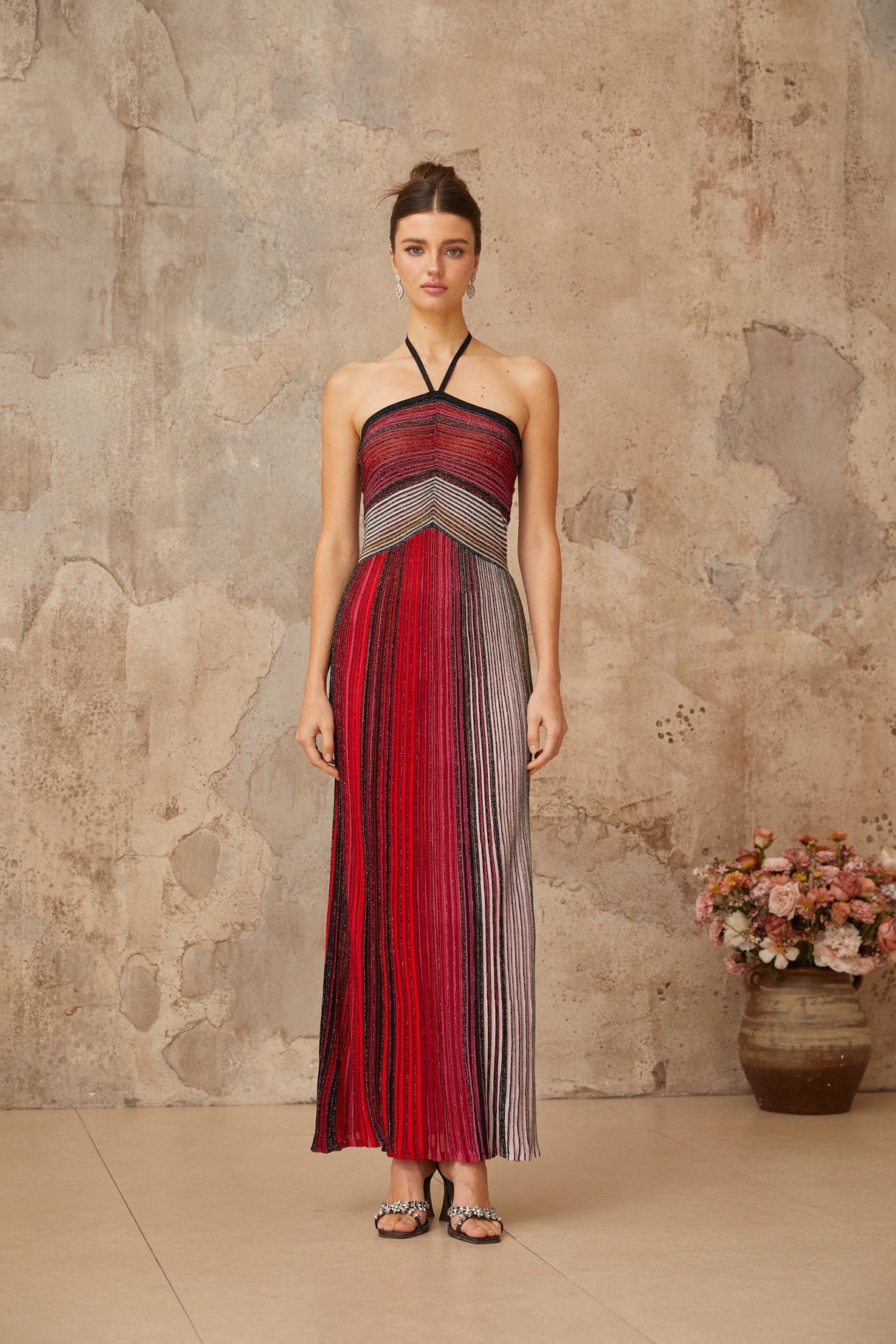 Aurohaya Ulysse Red Metallic Knit Halterneck Maxi Dress