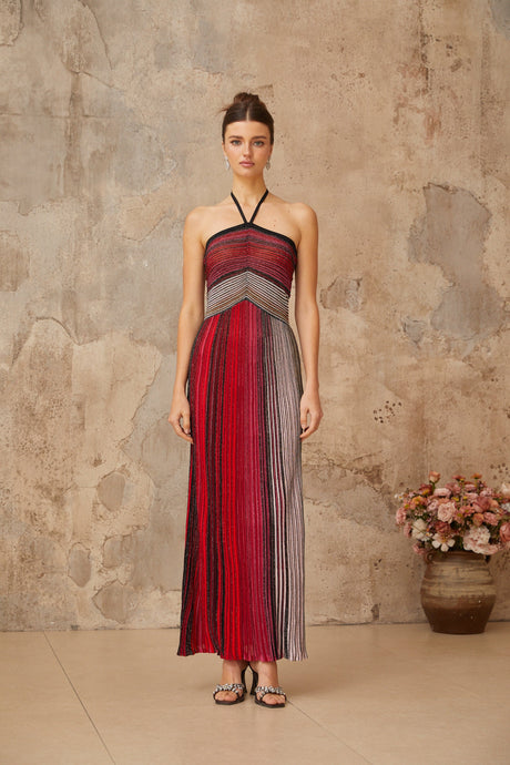 Aurohaya Ulysse Red Metallic Knit Halterneck Maxi Dress