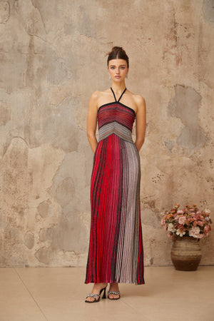 Aurohaya Ulysse Red Metallic Knit Halterneck Maxi Dress