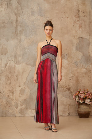 Aurohaya Ulysse Red Metallic Knit Halterneck Maxi Dress