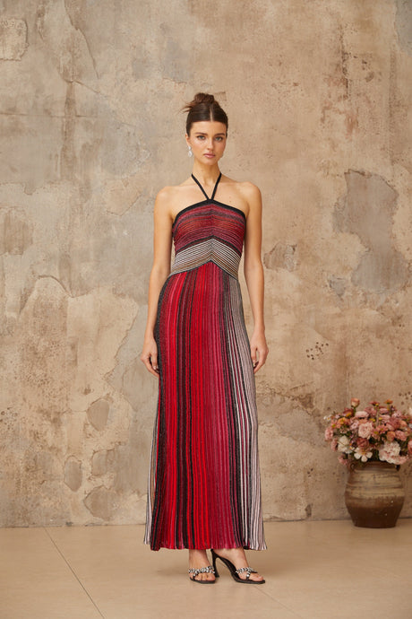 Aurohaya Ulysse Red Metallic Knit Halterneck Maxi Dress