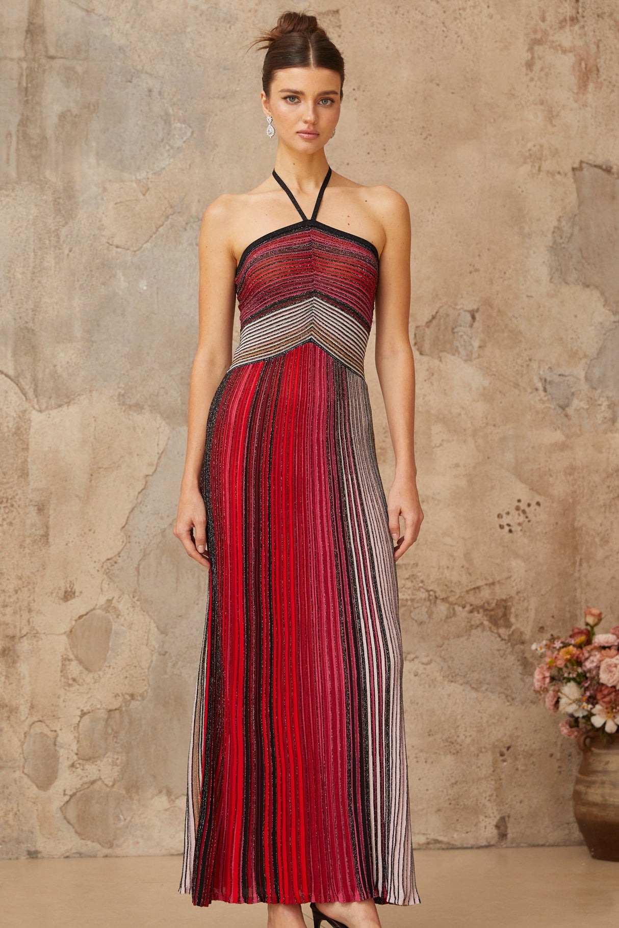 Aurohaya Ulysse Red Metallic Knit Halterneck Maxi Dress
