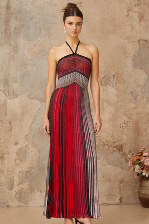 Aurohaya Ulysse Red Metallic Knit Halterneck Maxi Dress