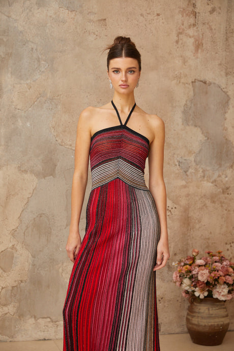 Aurohaya Ulysse Red Metallic Knit Halterneck Maxi Dress