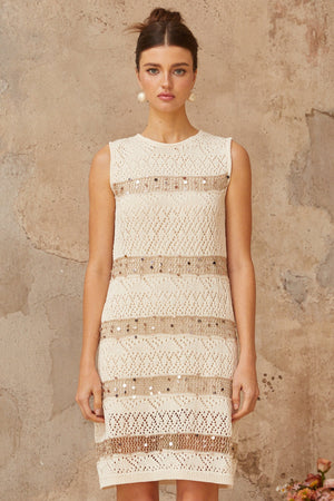 Aurohaya Colette off-white sequined crochet-knit mini dress