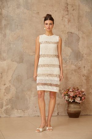 Aurohaya Colette off-white sequined crochet-knit mini dress