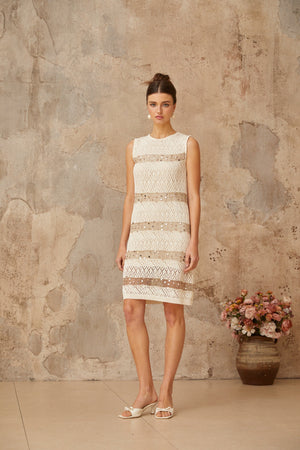 Aurohaya Colette off-white sequined crochet-knit mini dress