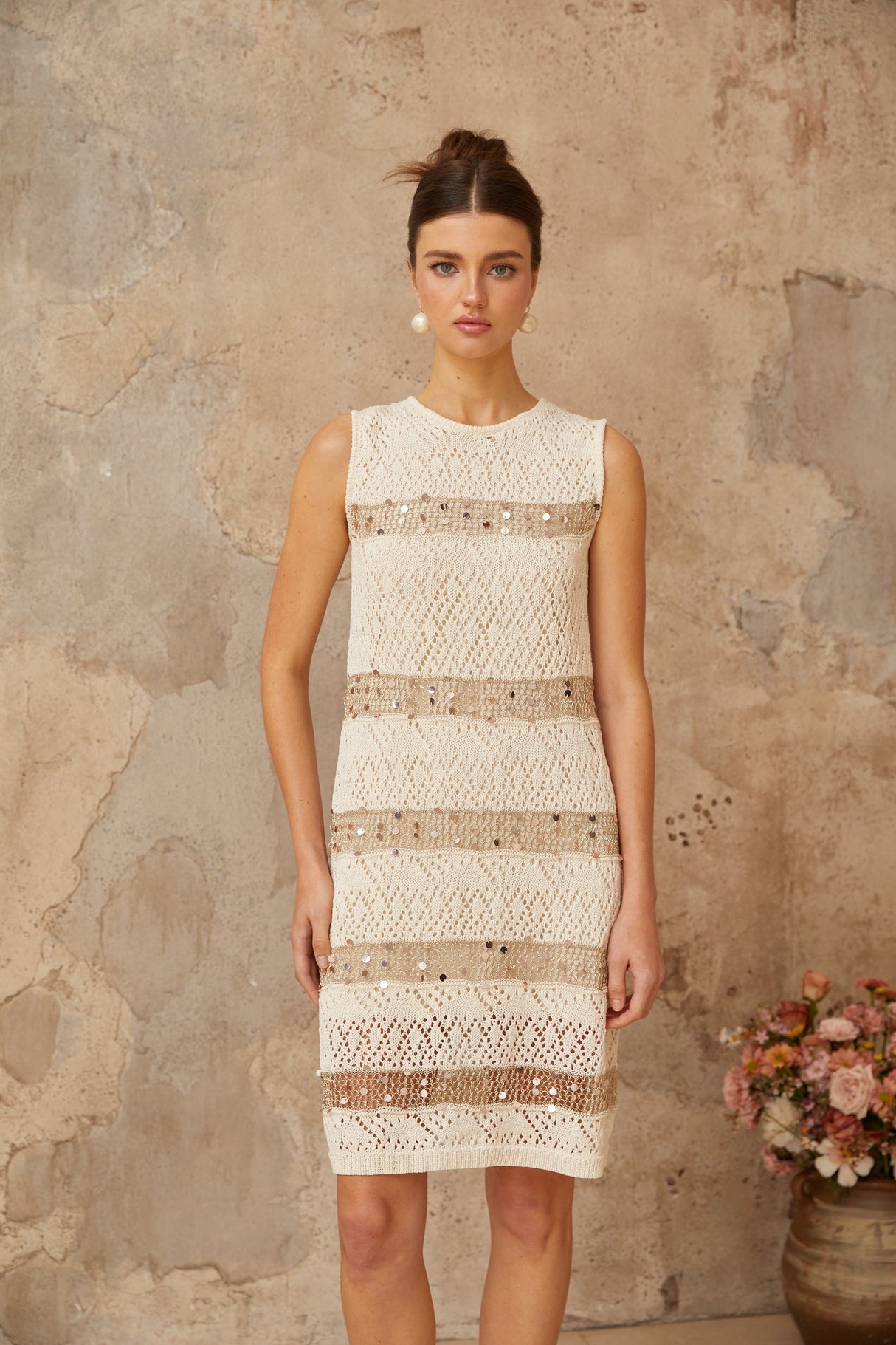 Aurohaya Colette off-white sequined crochet-knit mini dress