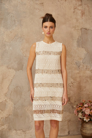 Aurohaya Colette off-white sequined crochet-knit mini dress
