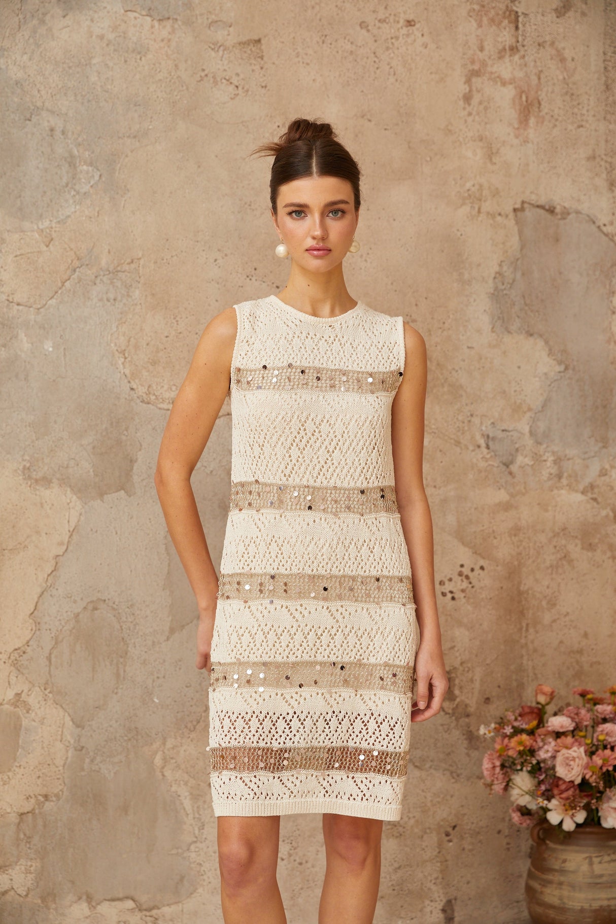 Aurohaya Colette off-white sequined crochet-knit mini dress
