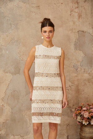 Aurohaya Colette off-white sequined crochet-knit mini dress