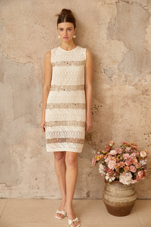 Aurohaya Colette off-white sequined crochet-knit mini dress