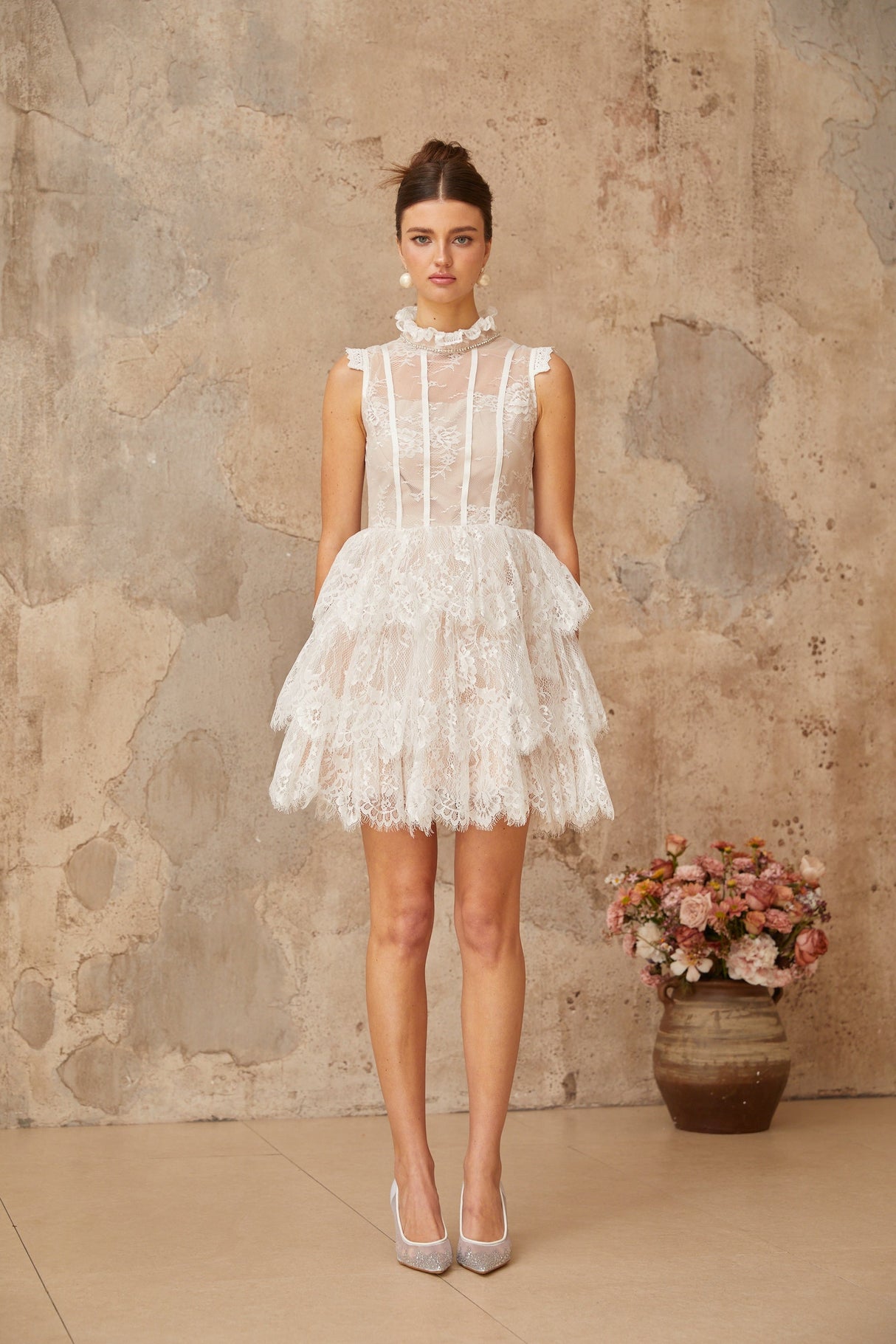 Aurohaya Thérèse white embellished floral-lace tiered mini dress