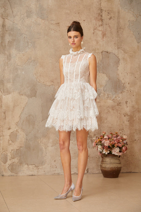 Aurohaya Thérèse white embellished floral-lace tiered mini dress