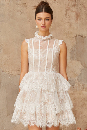Aurohaya Thérèse white embellished floral-lace tiered mini dress
