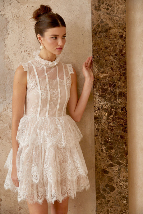 Aurohaya Thérèse white embellished floral-lace tiered mini dress