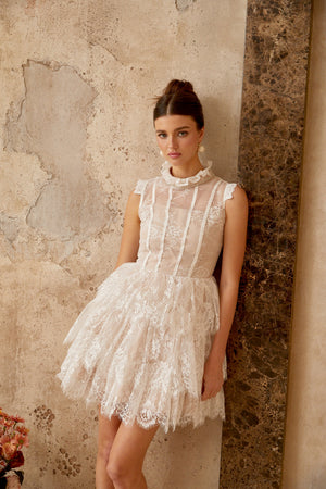 Aurohaya Thérèse white embellished floral-lace tiered mini dress