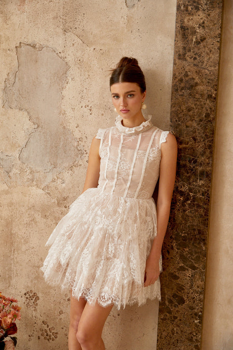 Aurohaya Thérèse white embellished floral-lace tiered mini dress