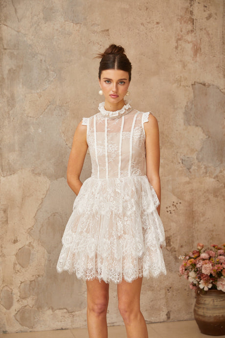 Aurohaya Thérèse white embellished floral-lace tiered mini dress