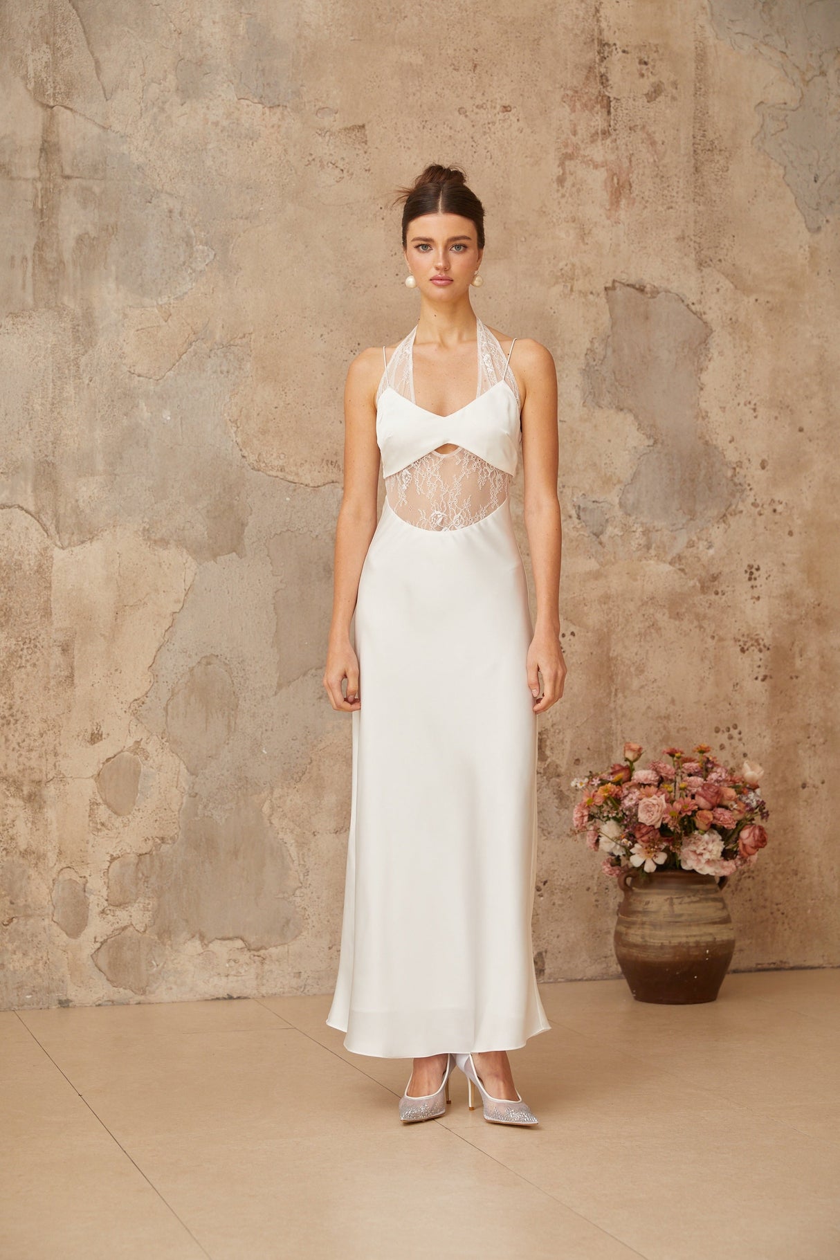 Aurohaya Blanche white lace-panel satin maxi dress