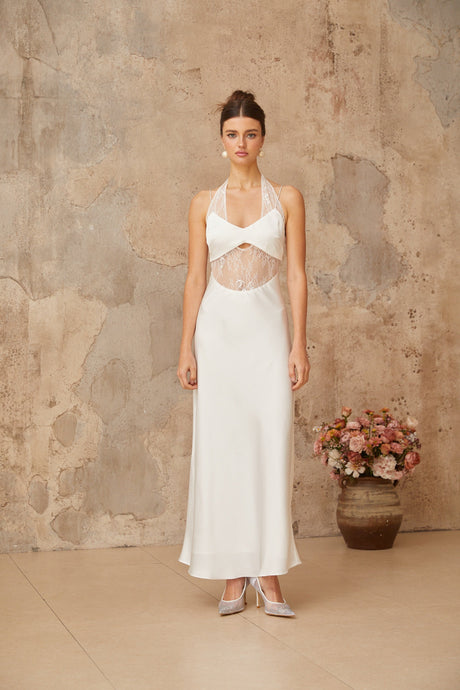 Aurohaya Blanche white lace-panel satin maxi dress