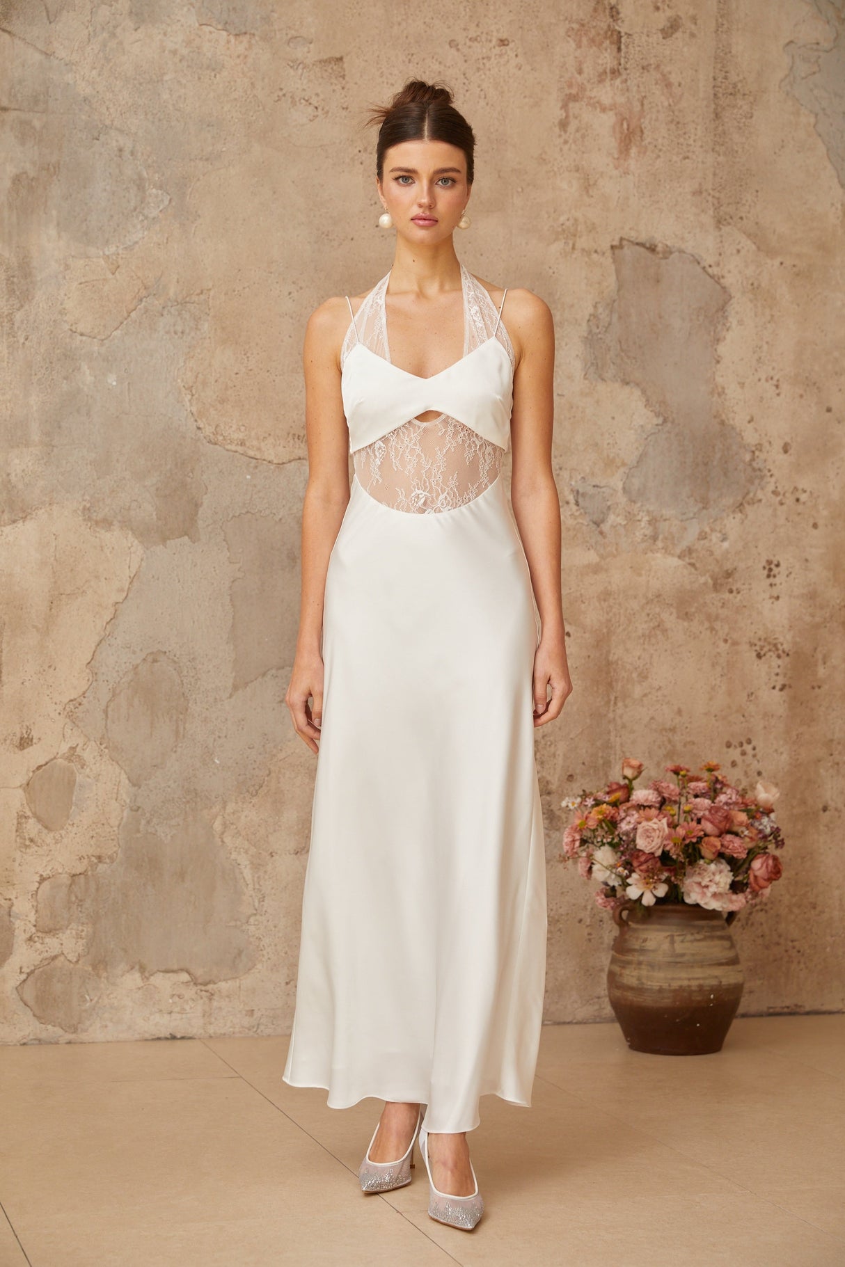 Aurohaya Blanche white lace-panel satin maxi dress