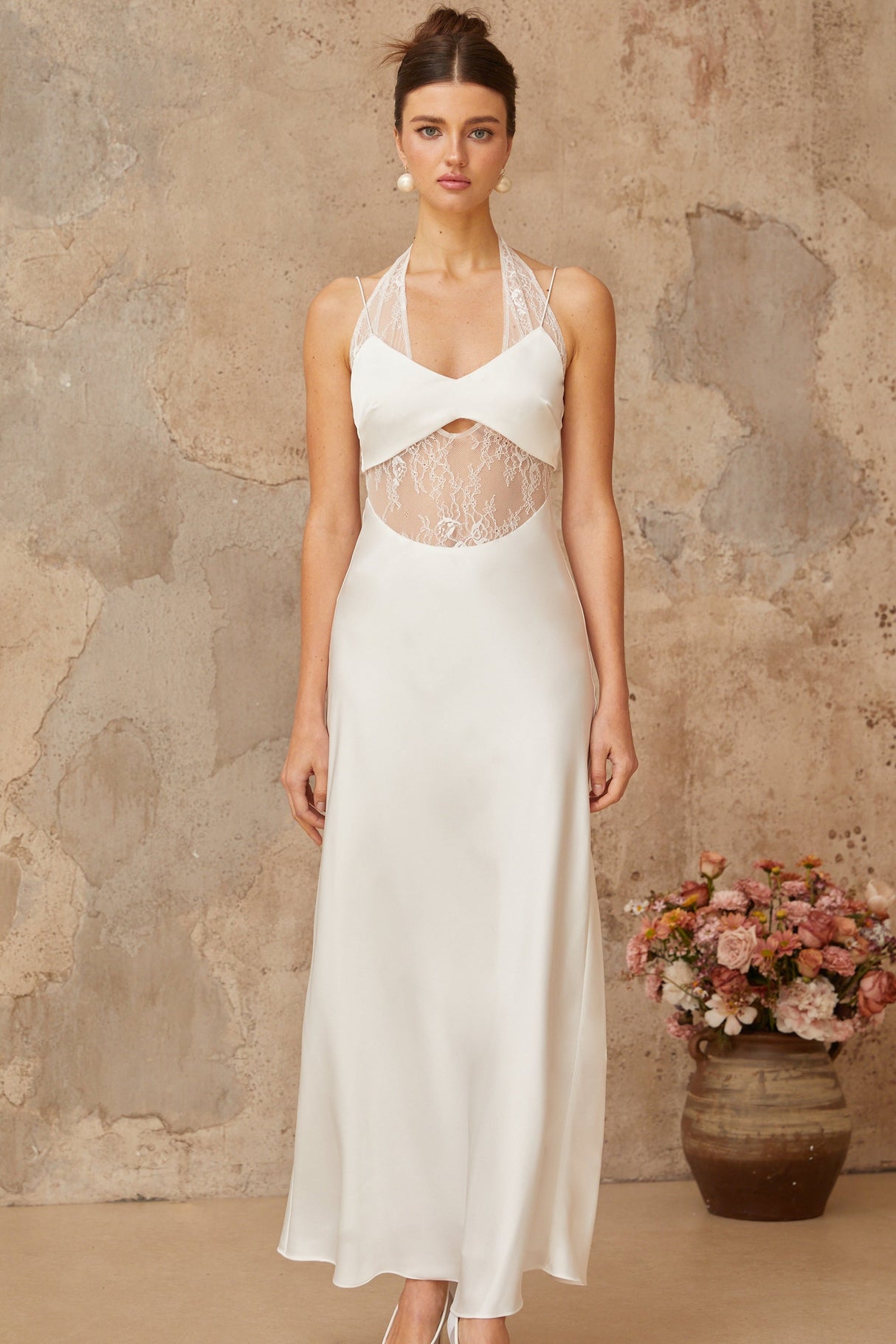 Aurohaya Blanche white lace-panel satin maxi dress