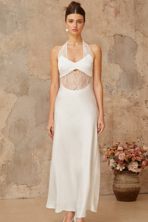 Aurohaya Blanche white lace-panel satin maxi dress