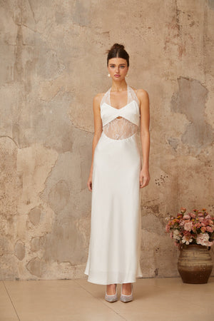 Aurohaya Blanche white lace-panel satin maxi dress