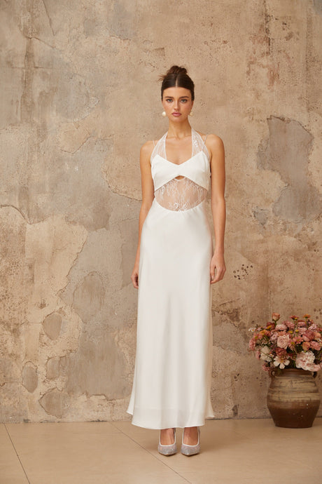 Aurohaya Blanche white lace-panel satin maxi dress