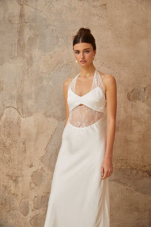 Aurohaya Blanche white lace-panel satin maxi dress