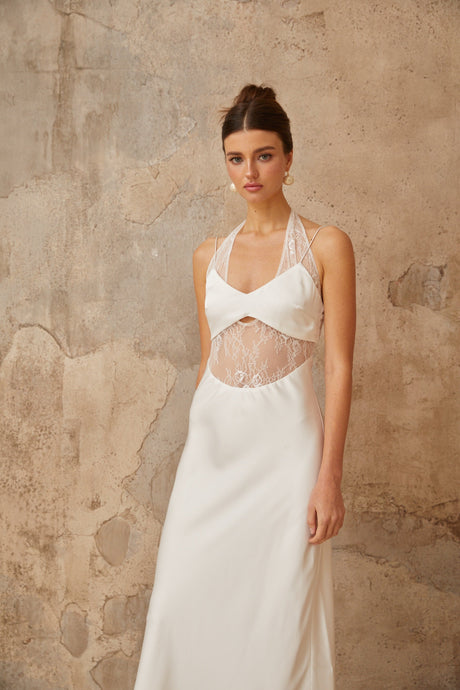 Aurohaya Blanche white lace-panel satin maxi dress