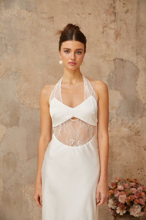 Aurohaya Blanche white lace-panel satin maxi dress