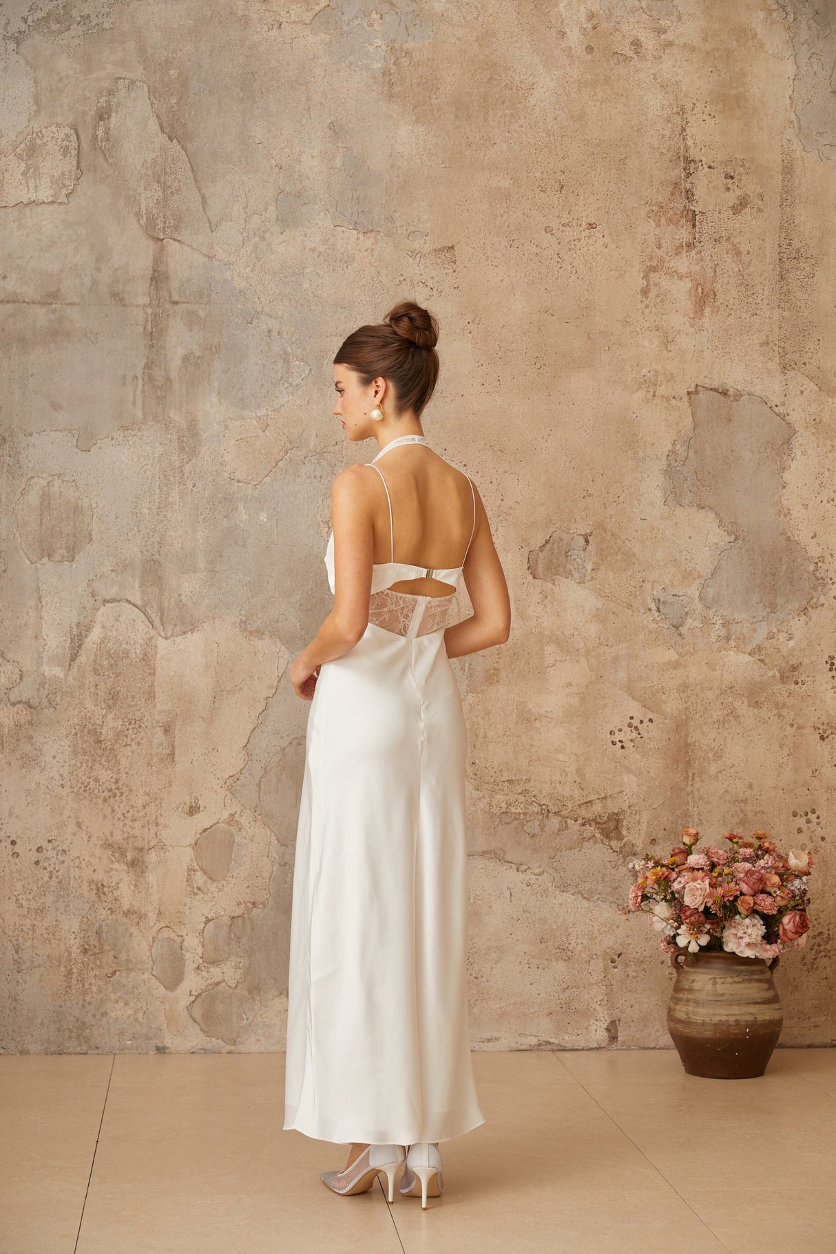 Aurohaya Blanche white lace-panel satin maxi dress