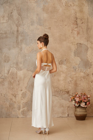 Aurohaya Blanche white lace-panel satin maxi dress